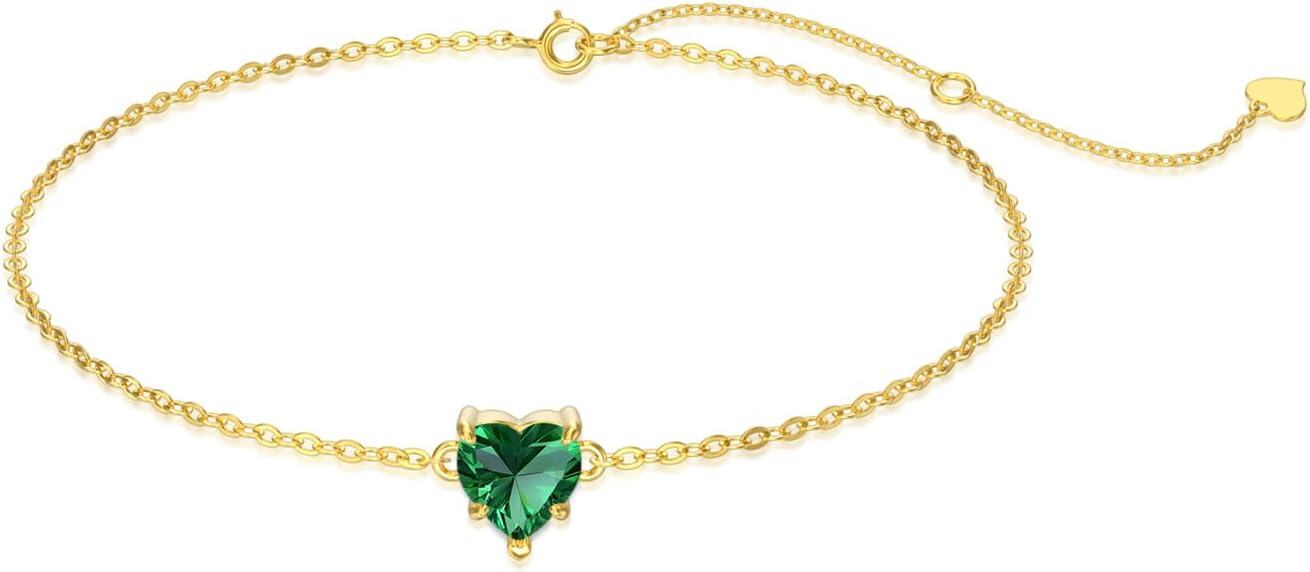 wholesale 14K Gold Created Birthstone Heart Cut 7mm Bracelet for Women 6 5 +2 -Created Emerald