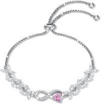 wholesale 925 Sterling Silver Heart Birthstone Tennis Bracelet Infinity Love Jewelry Gift for Women-10-Oct-Pink Tourmaline