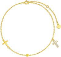 wholesale 14K Gold Beaded Cross Charm Ankle Anklet for Women - 8 + 2 Inches-Style 1-Cross Anklet