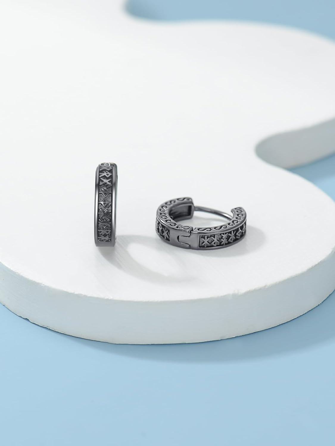 925 Sterling Silver Viking Rune Huggie Hoop Earrings for Men & Women-0-4