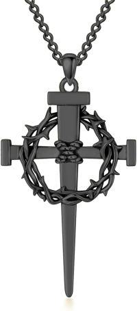wholesale Black 925 Sterling Silver Crown of Thorns Cross Pendant Necklace for Men-A01-Black