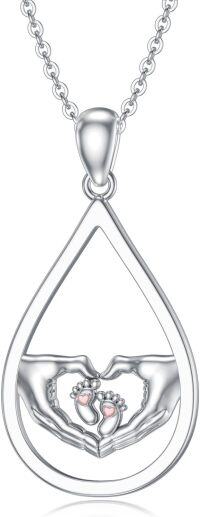 wholesale 925 Sterling Silver Footprint Pendant Necklace with Pink Heart Mother's Day Gift for Mom Wife-Pear Footprint Necklace