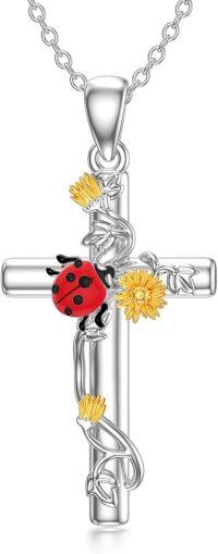 wholesale 925 Sterling Silver Cross with Ladybug and Sunflower Charm Pendant Necklace-2-ladybug