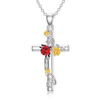wholesale 925 Sterling Silver Cross with Ladybug and Sunflower Charm Pendant Necklace-2-ladybug