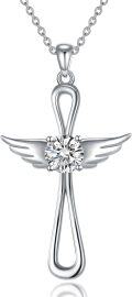 wholesale 925 Sterling Silver with 14k Gold Plating and Moissanite Angel Wing Cross Pendant Necklace - 18+2 inch Chain-0-0