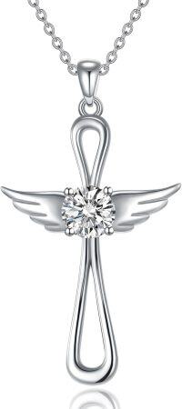 wholesale 925 Sterling Silver with 14k Gold Plating and Moissanite Angel Wing Cross Pendant Necklace - 18+2 inch Chain-D Angel Necklace