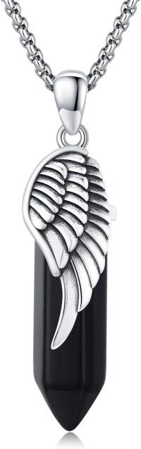 wholesale 925 Sterling Silver Obsidian Angel Wing Healing Crystal Pendant Necklace  for Men & Women-Wing