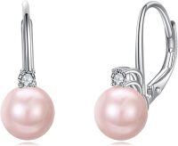 wholesale 925 Sterling Silver White Pearl and Cubic Zirconia Leverback Earrings-Pink Pearl-Silver