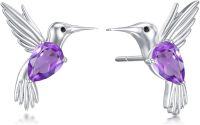 wholesale 925 Sterling Silver Purple Amethyst & Blue Turquoise Hummingbird Stud Earrings for Women-amethyst