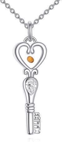 wholesale 925 Sterling Silver Key with Heart and Mustard Seed Charm Necklace - Faith Jewelry-Mustard Seed Key