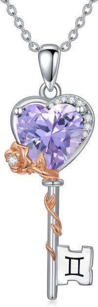 wholesale  Sterling Silver Birthstone Zodiac Necklace for Women Rose Flower Key Pendant Wife Gift -6-Gemini (5\/21~6\/21)