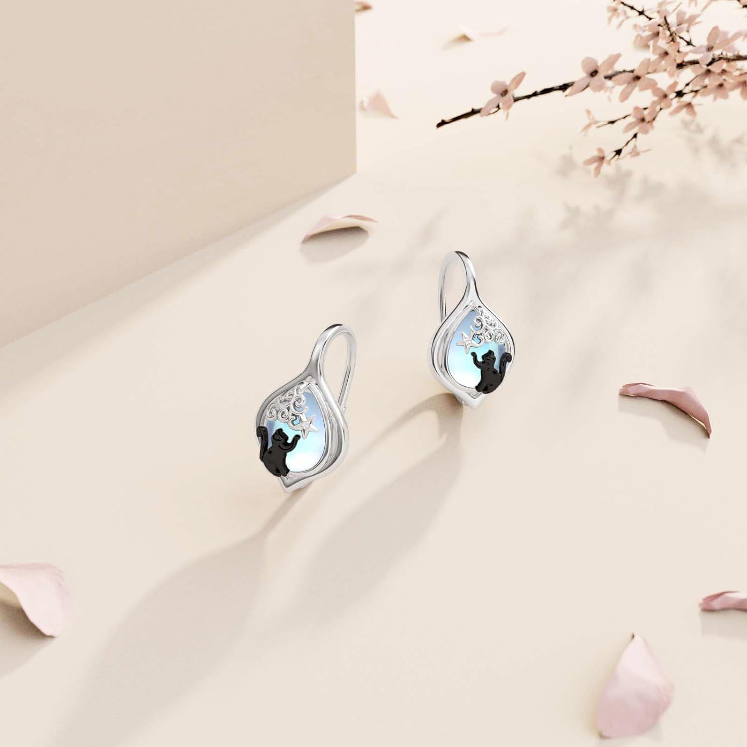 925 Sterling Silver Moonstone Black Cat Tree of Life Dragonfly Infinity Drop Earrings-0-1