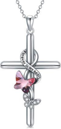 wholesale 925 Sterling Silver Butterfly Pink Crystal Cross Pendant Necklaces for Women Christian Gifts Religious Jewelry-Butterly-Pink