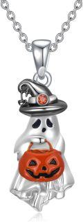 wholesale 925 Sterling Silver Halloween Pendant - Witch Hat Ghost with Jack-o'-Lantern Basket Charm Necklace for Women and Girls-0-0