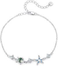 wholesale 925 Sterling Silver Starfish & Sea Turtle Charm Bracelet with Green Stone and Blue Crystals-Sea Turtle Bracelet（Moss Agate）