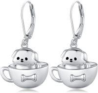 wholesale 925 Sterling Silver Adorable Puppy in Bowl Dangle Earrings Pet Lover Gift for Women Girls-Dog Earrings