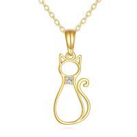 wholesale 14K Gold Diamond Accent Cat Pendant Necklace for Women - Elegant Fine s for Animal Enthusiasts-A-14k Yellow Gold + Cubic Zirconia