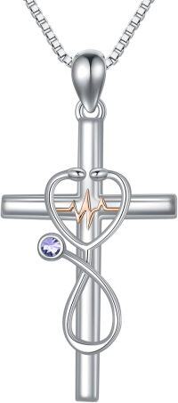 wholesale 925 Sterling Silver Birthstone Stethoscope Cross Necklace for Nurse Doctor RN-06-June-Alexandrite