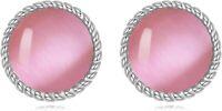 wholesale 925 Sterling Silver Round Black Stone Stud Earrings with Gold Rope Edge - Gift for Her-Pink Opal Stud Earrings