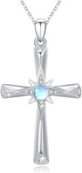 wholesale 925 Sterling Silver Cross with Blue Moonstone and Cubic Zirconia Pendant Necklace for Women Girls-0-0