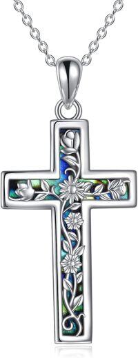 wholesale 925 Sterling Silver Floral Cross with Abalone Shell Inlay and Celtic Knot Design Infinity Heart Love Pendant Necklace for Women Girls  (Blue)-Multi-Cross Necklace with Flower