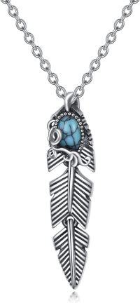 wholesale 925 Sterling Silver Feather Turquoise Stone Western Boho Filigree Pendant Necklace for Women and Girls-Feather