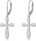 wholesale 925 Sterling Silver White Fire Opal Cross Drop Leverback Earrings for Women-0-0