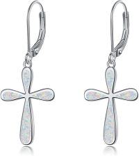 wholesale 925 Sterling Silver White Fire Opal Cross Drop Leverback Earrings for Women-white opal