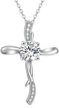 wholesale 14K Gold Women's Cross Necklace with Cubic Zirconia Infinity Crucifix Pendant - Baptism Faith  for Mom Wife GF (18 Chain)-1CT Moissanite cross-White Gold