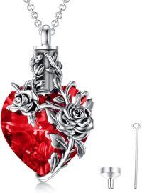 wholesale 925 Sterling Silver Rose/Lotus/Sunflower/Lily Flower Cremation Urn Necklace For Ashes Red Crystal Heart/Teardrop Memorial Jewelry For Women-ROSE URN A-4
