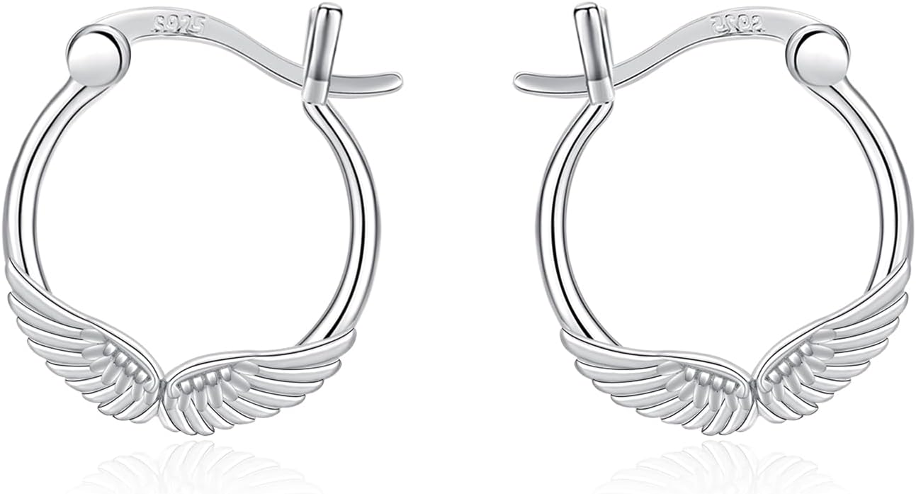 wholesale Silver 925 Sterling Silver Angel Wing Feather Cross Dangle Drop Earring for Women Men Small Hoop-0-0