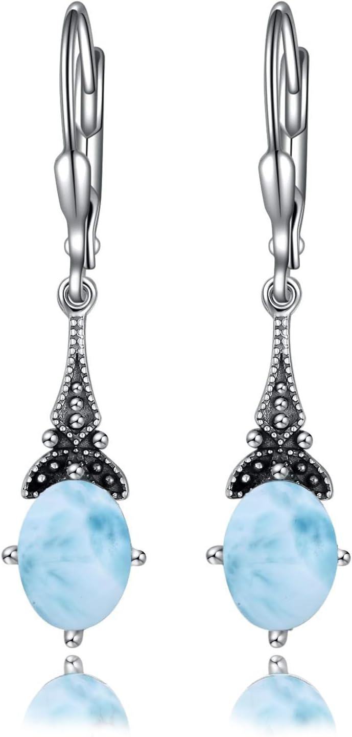 Sterling Silver Austrian Crystal Vintage Drop Dangle Leverback Earrings-Blue Larimar