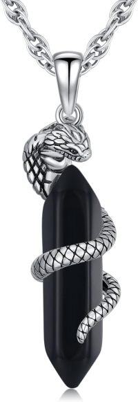 wholesale 925 Sterling Silver Snake Necklace with Black Crystal Column Pendant and Amethyst Malachite Gemstones for Women Men -Black Crystal