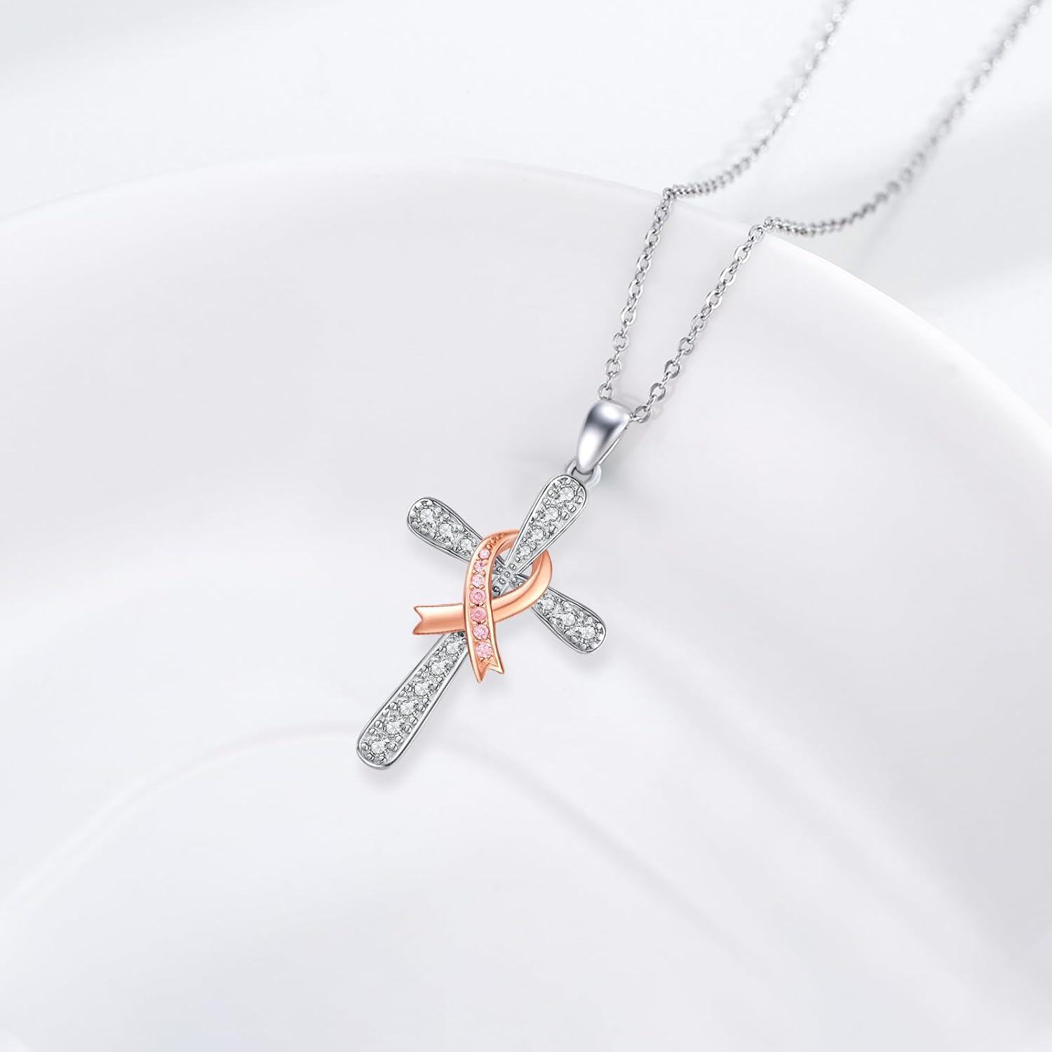 Sterling Silver Stone Breast Cancer Awareness Necklace Cross Dragonfly Pendant for Survivors-0-3