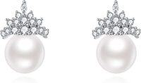 wholesale 925 Sterling Silver Crown Design White Pearl Stud Earrings with Cubic Zirconia Accents-Pearl stud earrings 4