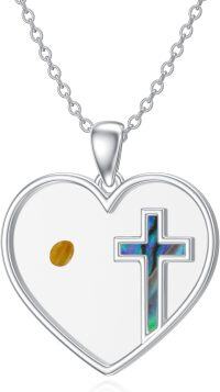 wholesale 925 Sterling Silver Heart-Shaped Cross with Shell Inlay and Abalone Pendant Necklace for Women & Men-Mustard Seed