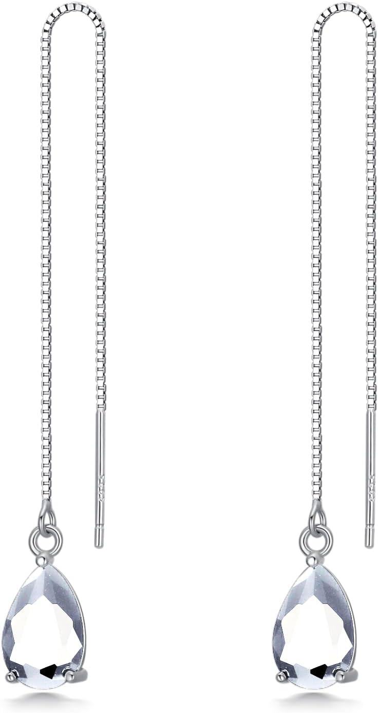 Sterling Silver Birthstone Crystal 11 8mm Threader Drop Long Chain Earrings-Clear White