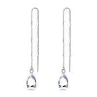 wholesale 925 Sterling Silver Birthstone Crystal 11 8mm Threader Drop Long Chain Earrings-Clear White