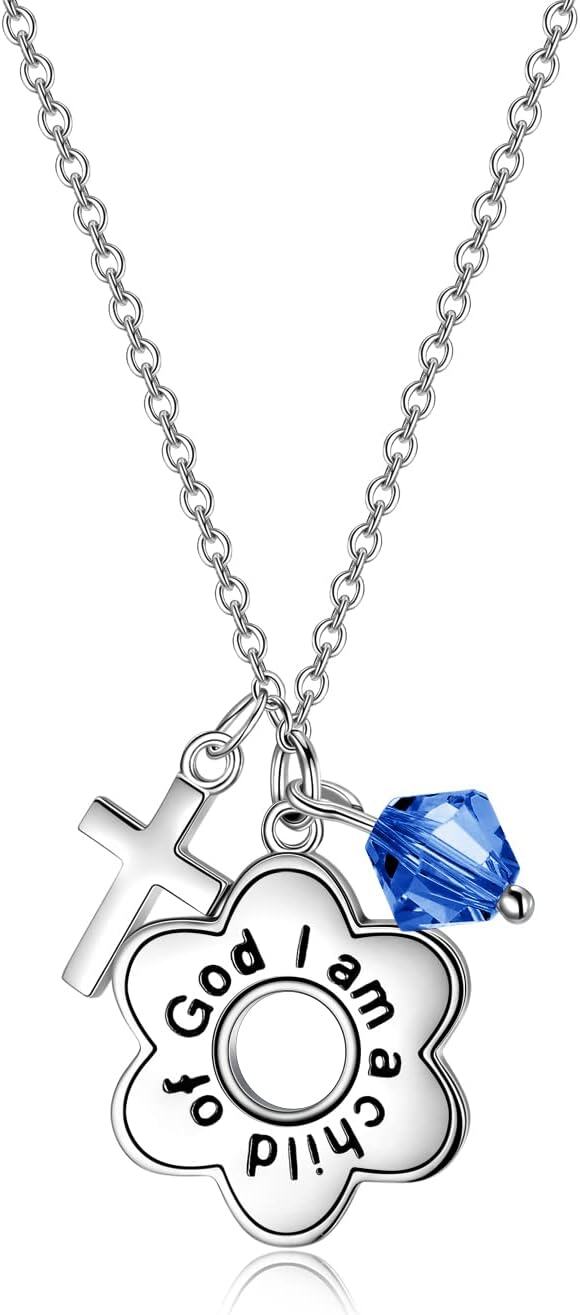 Sterling Silver Daisy Child of God Necklace for Girls Baptism Communion Birthday-Simulated Sapphire