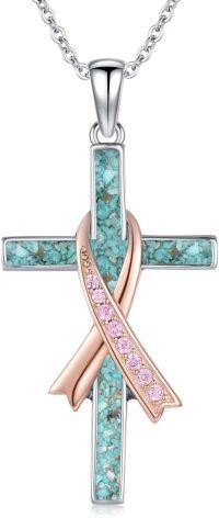 wholesale 925 Sterling Silver with Rose Gold and Pink CZ Accents Turquoise Cross Pendant Necklace for Women-Breast Cancer