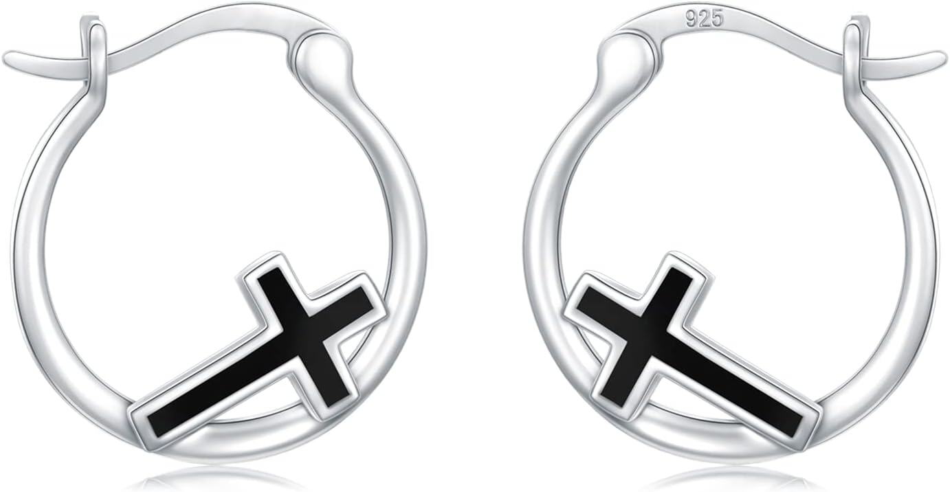 925 Sterling Silver Black Enamel Cross Huggie Hoop Earrings for Women and Girls-0-0