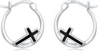 wholesale 925 Sterling Silver Black Enamel Cross Huggie Hoop Earrings for Women and Girls-Black