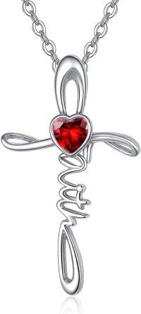 wholesale Sterling Silver Simulated Gemstone Faith Cross Birthstone Necklace for Women Christian Gifts-01-Garnet