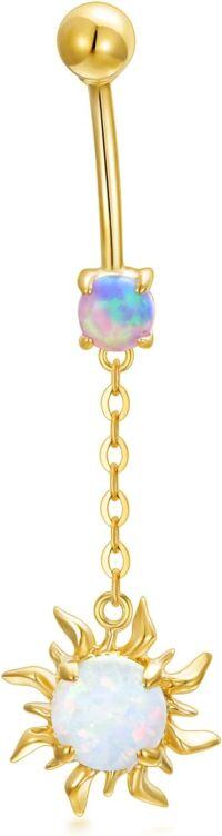 wholesale 14k Gold Opal Sun Dangle Belly Button Ring for Women 16g Navel Piercing -Style2- Sun Opal