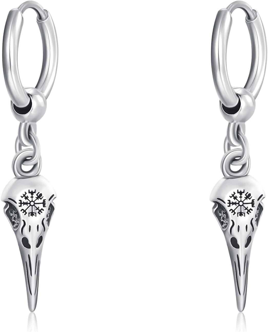 Sterling Silver Viking Earrings for Men Raven Celtic Knot Norse Huggie Hoop Punk Rock Jewelry -Raven-Silver