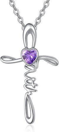 wholesale Sterling Silver Simulated Gemstone Faith Cross Birthstone Necklace for Women Christian Gifts-02-Amethyst