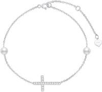 wholesale 10k Gold Cross Bracelet with Moissanite and Freshwater Pearls for Women Confirmation Gifts 6.8-8.4-10k White Gold