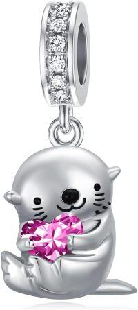 wholesale 925 Sterling Silver Pink Tourmaline Otter Charm Bead for Bracelet, 11.2x15mm, Zircon Accented, October Birthstone Gift for Women-10-Oct-Otter