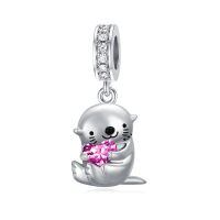 wholesale 925 Sterling Silver Pink Tourmaline Otter Charm Bead for Bracelet, 11.2x15mm, Zircon Accented, October Birthstone Gift for Women-10-Oct-Otter