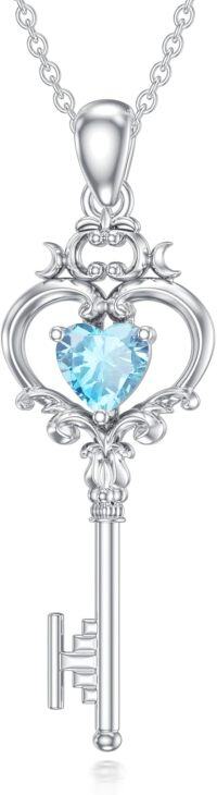 wholesale Metal Stone Birthstone Key Pendant Necklace Gift for Women-March(Aquamarine)